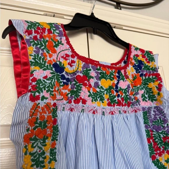 Mi Golondrina Blue Striped Dress with Colorful Embroidery - Picture 3 of 5